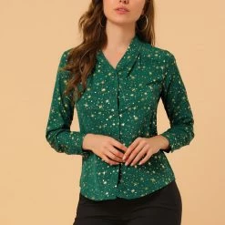 Allegra K Women's Stand Collar Long Sleeve Metallic Dots Stars Blouse Top