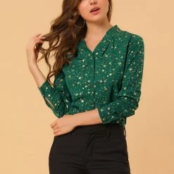 Allegra K Women's Stand Collar Long Sleeve Metallic Dots Stars Blouse Top