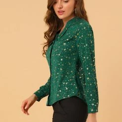 Allegra K Women's Stand Collar Long Sleeve Metallic Dots Stars Blouse Top