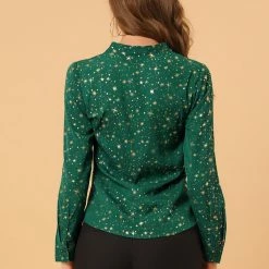 Allegra K Women's Stand Collar Long Sleeve Metallic Dots Stars Blouse Top