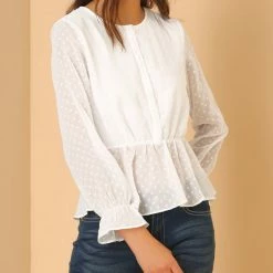 Allegra K Women's Long Sleeve Half Placket Jacquard Pom Pom Shirt Tops