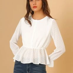 Allegra K Women's Long Sleeve Half Placket Jacquard Pom Pom Shirt Tops