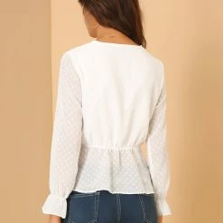 Allegra K Women's Long Sleeve Half Placket Jacquard Pom Pom Shirt Tops