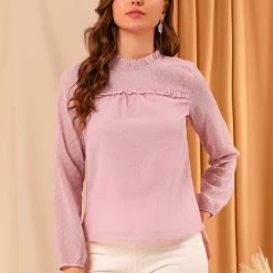 Allegra K Women's Swiss Dots Textured Ruffle Neck Long Sleeve Blouse