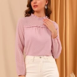 Allegra K Women's Swiss Dots Textured Ruffle Neck Long Sleeve Blouse