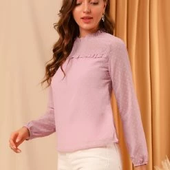 Allegra K Women's Swiss Dots Textured Ruffle Neck Long Sleeve Blouse