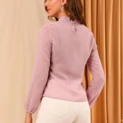 Allegra K Women's Swiss Dots Textured Ruffle Neck Long Sleeve Blouse