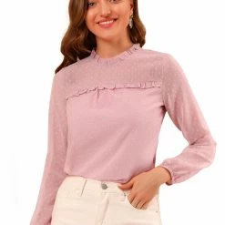 Allegra K Women's Swiss Dots Textured Ruffle Neck Long Sleeve Blouse