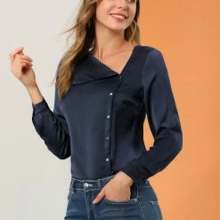 Allegra K Women's Casual Long Sleeve Office Career Satin V Neck Blouse