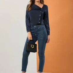 Allegra K Women's Casual Long Sleeve Office Career Satin V Neck Blouse