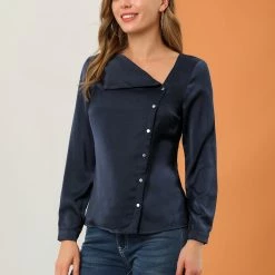 Allegra K Women's Casual Long Sleeve Office Career Satin V Neck Blouse