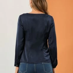 Allegra K Women's Casual Long Sleeve Office Career Satin V Neck Blouse