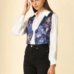 Allegra K Women's Floral Pattern Button Closure Satin Waistcoat Vest