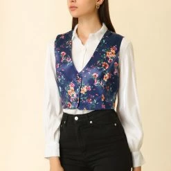 Allegra K Women's Floral Pattern Button Closure Satin Waistcoat Vest