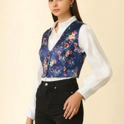 Allegra K Women's Floral Pattern Button Closure Satin Waistcoat Vest
