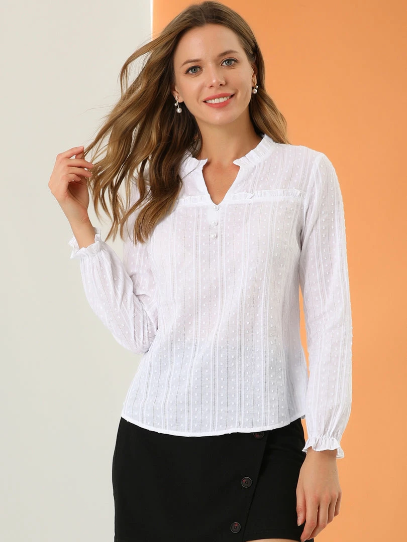 Allegra K Women's Ruffle V Neck Swiss Dots Hollow Out Blouse 5 Allegra K Women's Ruffle V Neck Swiss Dots Hollow Out Blouse