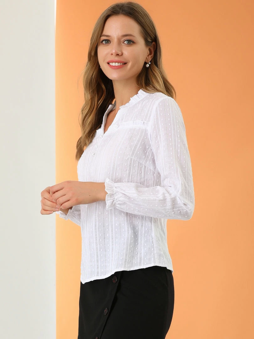 Allegra K Women's Ruffle V Neck Swiss Dots Hollow Out Blouse 7 Allegra K Women's Ruffle V Neck Swiss Dots Hollow Out Blouse