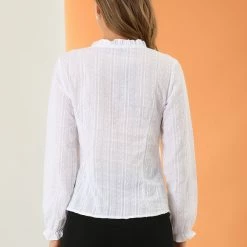 Allegra K Women's Ruffle V Neck Swiss Dots Hollow Out Blouse 14 Allegra K Women's Ruffle V Neck Swiss Dots Hollow Out Blouse