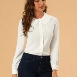 Allegra K Women's Swiss Dots Long Sleeves Button Front Shirt Peter Pan Collar Blouse 23 Allegra K Women's Swiss Dots Long Sleeves Button Front Shirt Peter Pan Collar Blouse