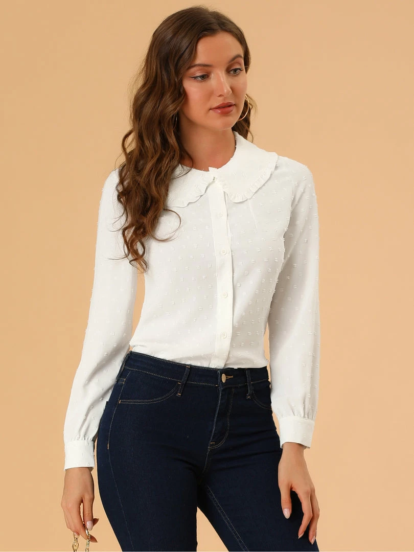 Allegra K Women's Swiss Dots Long Sleeves Button Front Shirt Peter Pan Collar Blouse 11 Allegra K Women's Swiss Dots Long Sleeves Button Front Shirt Peter Pan Collar Blouse