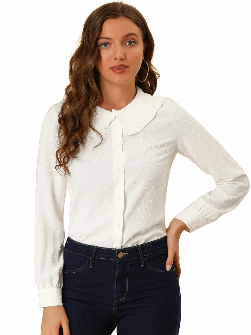 Allegra K Women's Swiss Dots Long Sleeves Button Front Shirt Peter Pan Collar Blouse 10 Allegra K Women's Swiss Dots Long Sleeves Button Front Shirt Peter Pan Collar Blouse