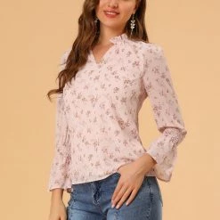 Allegra K Women's Smocked Sleeve Ruffle Neck Semi Sheer Chiffon Floral Blouse