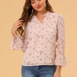 Allegra K Women's Smocked Sleeve Ruffle Neck Semi Sheer Chiffon Floral Blouse