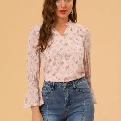 Allegra K Women's Smocked Sleeve Ruffle Neck Semi Sheer Chiffon Floral Blouse