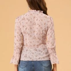 Allegra K Women's Smocked Sleeve Ruffle Neck Semi Sheer Chiffon Floral Blouse