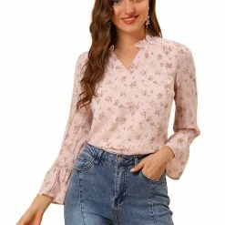 Allegra K Women's Smocked Sleeve Ruffle Neck Semi Sheer Chiffon Floral Blouse