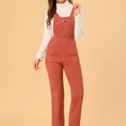Allegra K Women's Casual Elastic Back Corduroy Overalls Strap Pants