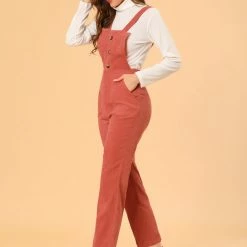 Allegra K Women's Casual Elastic Back Corduroy Overalls Strap Pants