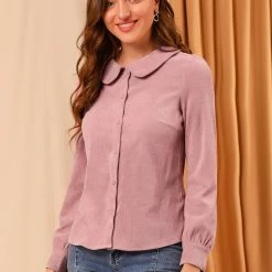 Allegra K Women's Peter Pan Collar Casual Long Sleeve Corduroy Button Down Shirt 11 Allegra K Women's Peter Pan Collar Casual Long Sleeve Corduroy Button Down Shirt