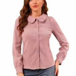 Allegra K Women's Peter Pan Collar Casual Long Sleeve Corduroy Button Down Shirt