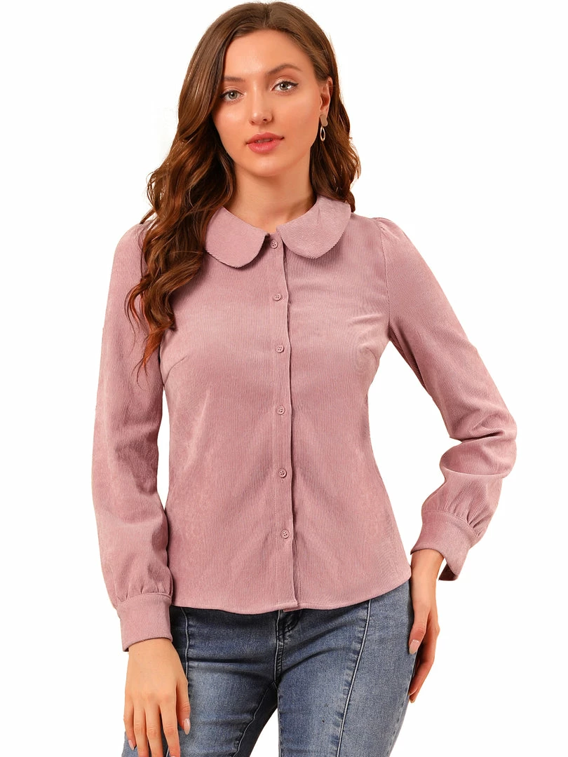 Allegra K Women's Peter Pan Collar Casual Long Sleeve Corduroy Button Down Shirt 4 Allegra K Women's Peter Pan Collar Casual Long Sleeve Corduroy Button Down Shirt