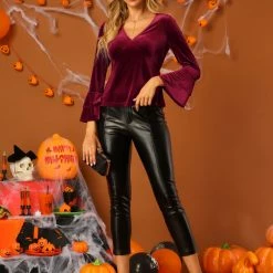 Allegra K Women's V Neck Velvet Blouse Flare Long Sleeve Peplum Top 36 Allegra K Women's V Neck Velvet Blouse Flare Long Sleeve Peplum Top