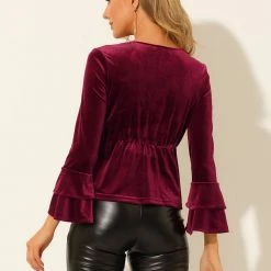 Allegra K Women's V Neck Velvet Blouse Flare Long Sleeve Peplum Top 38 Allegra K Women's V Neck Velvet Blouse Flare Long Sleeve Peplum Top