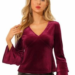 Allegra K Women's V Neck Velvet Blouse Flare Long Sleeve Peplum Top 34 Allegra K Women's V Neck Velvet Blouse Flare Long Sleeve Peplum Top