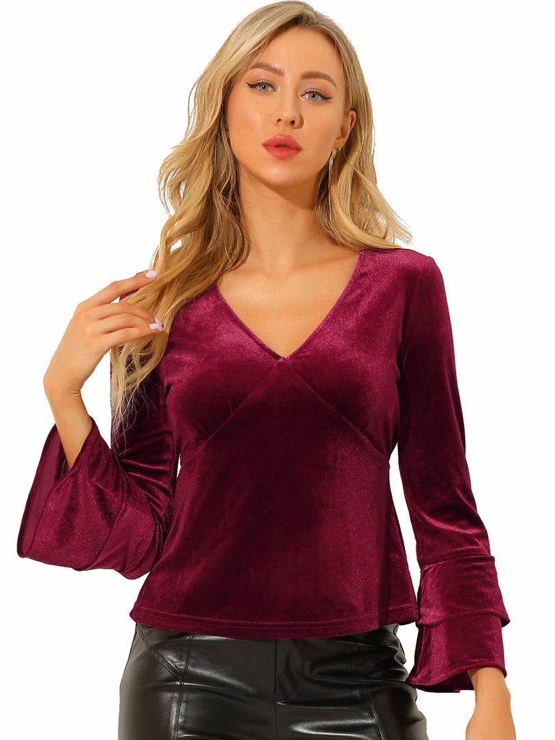 Allegra K Women's V Neck Velvet Blouse Flare Long Sleeve Peplum Top 16 Allegra K Women's V Neck Velvet Blouse Flare Long Sleeve Peplum Top