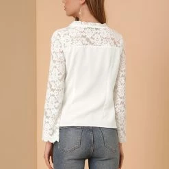 Allegra K Women's Lace Floral Panel Blouse Ruffle Trim V Neck Long Sleeves Button Front Chiffon Top