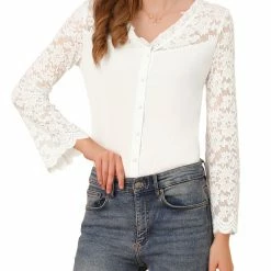 Allegra K Women's Lace Floral Panel Blouse Ruffle Trim V Neck Long Sleeves Button Front Chiffon Top
