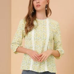 Allegra K Women's Chiffon 3/4 Sleeves Round Neck Ruffle Cuff Ditsy Floral Blouse 11 Allegra K Women's Chiffon 3/4 Sleeves Round Neck Ruffle Cuff Ditsy Floral Blouse