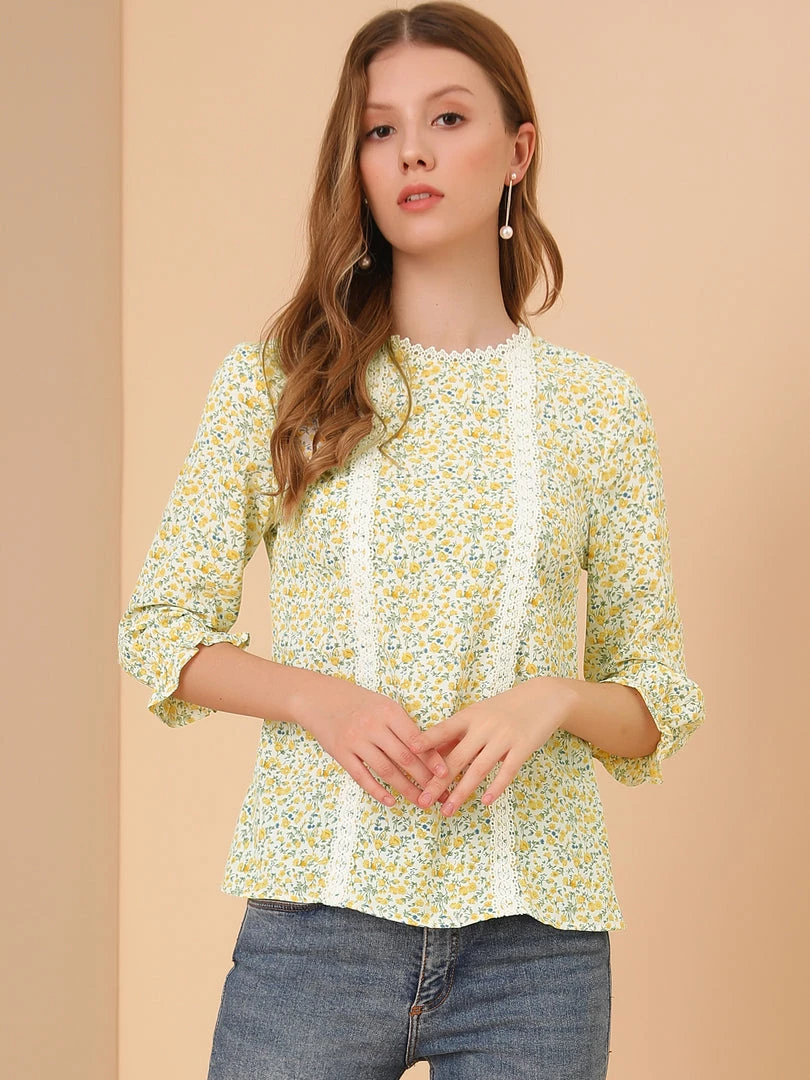 Allegra K Women's Chiffon 3/4 Sleeves Round Neck Ruffle Cuff Ditsy Floral Blouse 5 Allegra K Women's Chiffon 3/4 Sleeves Round Neck Ruffle Cuff Ditsy Floral Blouse
