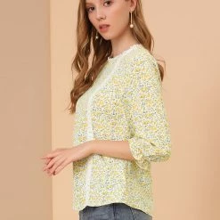 Allegra K Women's Chiffon 3/4 Sleeves Round Neck Ruffle Cuff Ditsy Floral Blouse 13 Allegra K Women's Chiffon 3/4 Sleeves Round Neck Ruffle Cuff Ditsy Floral Blouse