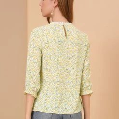 Allegra K Women's Chiffon 3/4 Sleeves Round Neck Ruffle Cuff Ditsy Floral Blouse 14 Allegra K Women's Chiffon 3/4 Sleeves Round Neck Ruffle Cuff Ditsy Floral Blouse