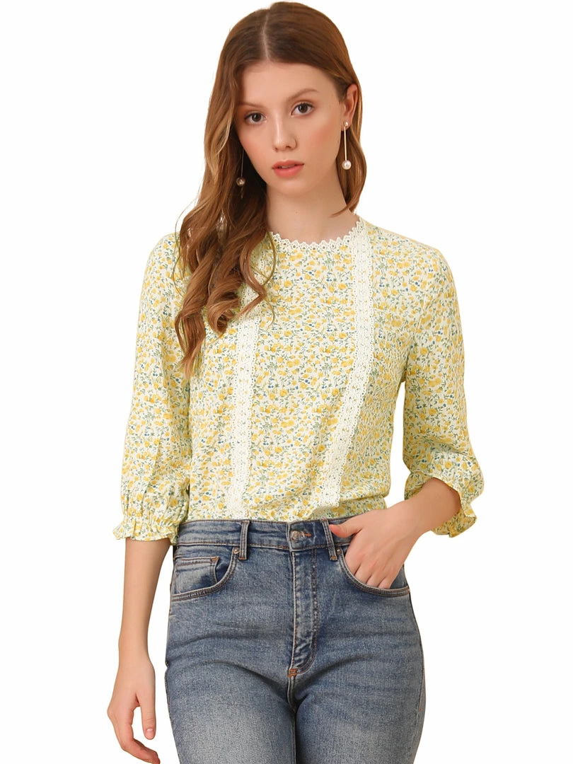 Allegra K Women's Chiffon 3/4 Sleeves Round Neck Ruffle Cuff Ditsy Floral Blouse 4 Allegra K Women's Chiffon 3/4 Sleeves Round Neck Ruffle Cuff Ditsy Floral Blouse