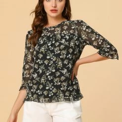 Allegra K Women's Casual Ruffle 3/4 Sleeve Floral Print Chiffon Blouse 103 Allegra K Women's Casual Ruffle 3/4 Sleeve Floral Print Chiffon Blouse