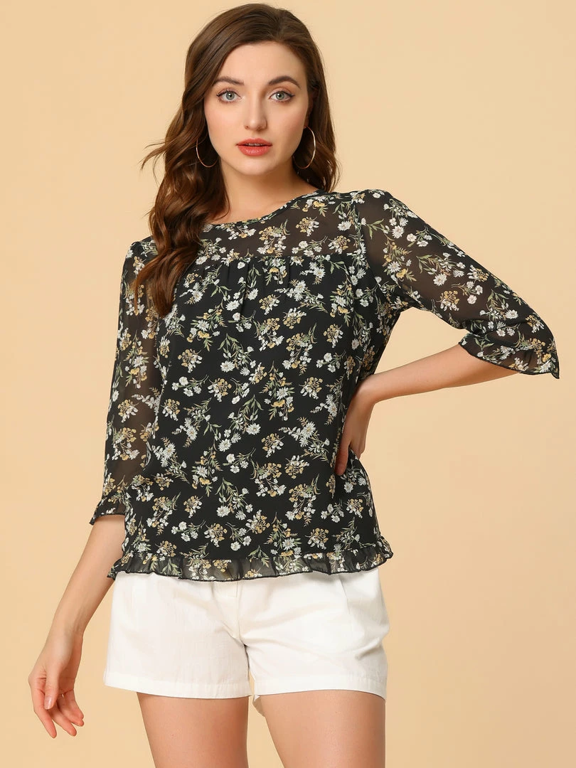 Allegra K Women's Casual Ruffle 3/4 Sleeve Floral Print Chiffon Blouse 51 Allegra K Women's Casual Ruffle 3/4 Sleeve Floral Print Chiffon Blouse