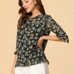 Allegra K Women's Casual Ruffle 3/4 Sleeve Floral Print Chiffon Blouse 104 Allegra K Women's Casual Ruffle 3/4 Sleeve Floral Print Chiffon Blouse