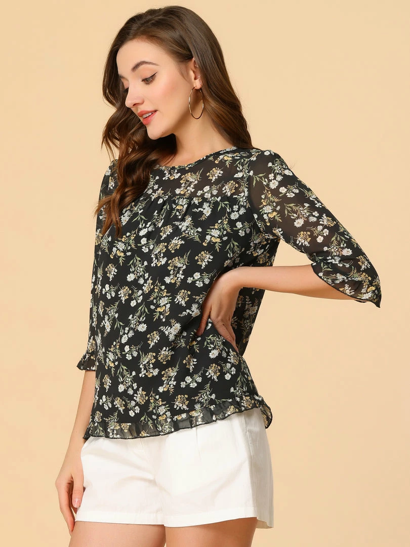 Allegra K Women's Casual Ruffle 3/4 Sleeve Floral Print Chiffon Blouse 52 Allegra K Women's Casual Ruffle 3/4 Sleeve Floral Print Chiffon Blouse